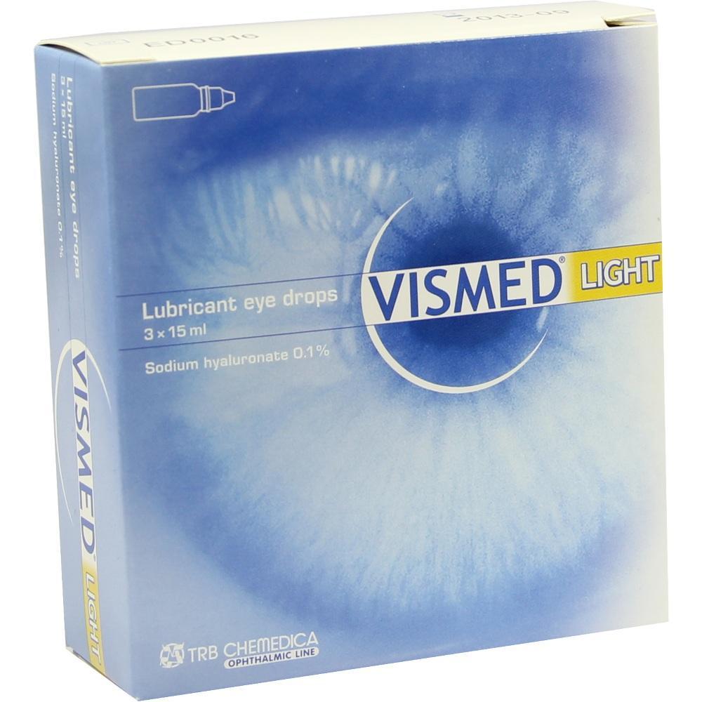 Blaue Verpackung von Vismed Light Augentropfen mit weißer Schrift und einem stilisierten Auge.