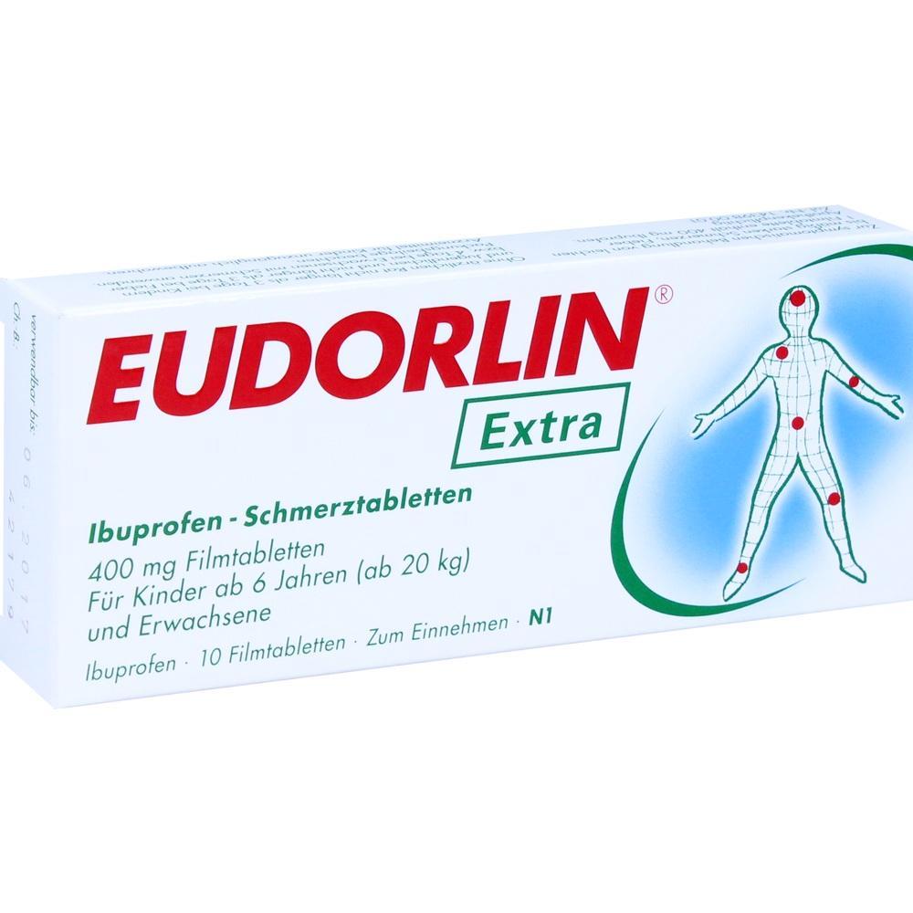 Eine Packung Eudorlin Extra Ibuprofen-Schmerztabletten mit Figur und Markierungen.