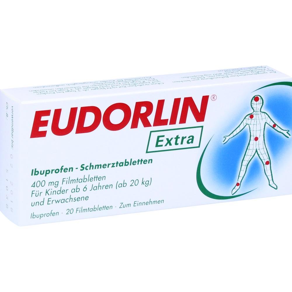 Packung einer Eudorlin Extra Schmerztabletten mit Ibuprofen 400 mg.