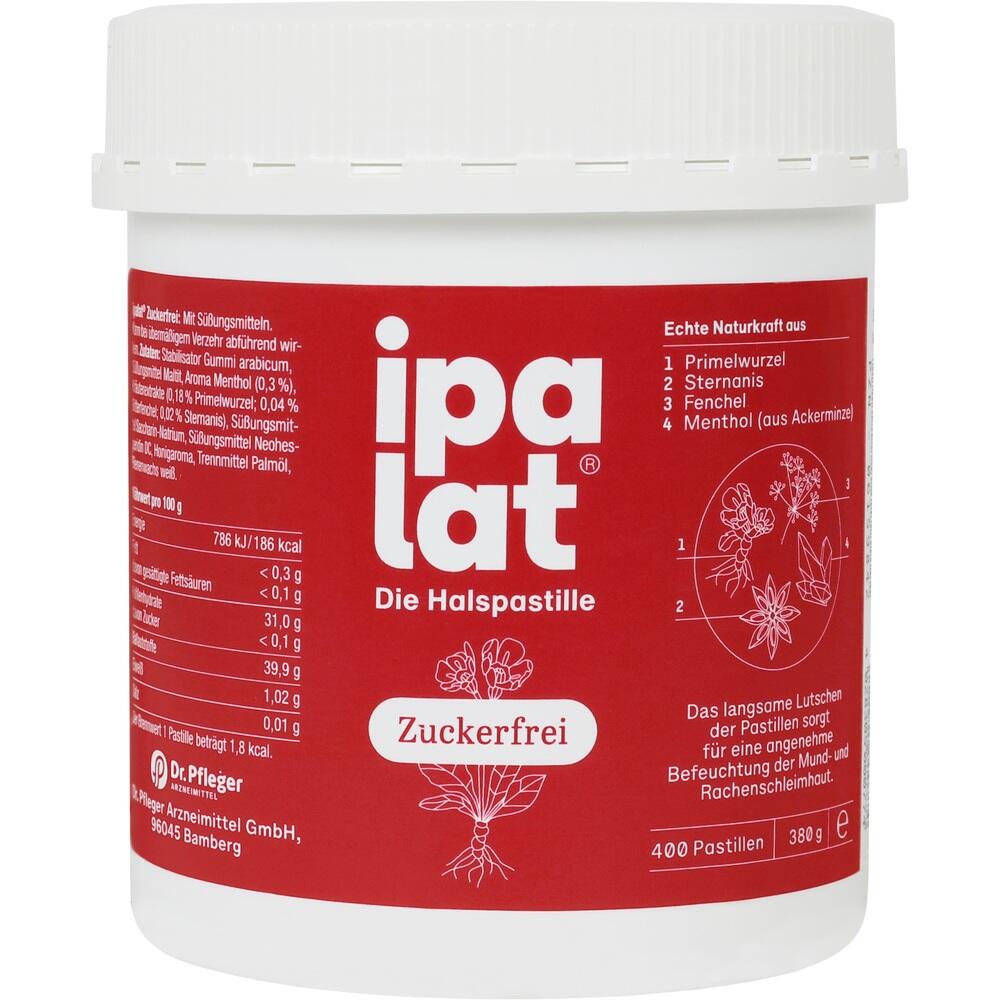 Roter Behälter mit der Aufschrift "ipalat", enthält zuckerfreie Halsbonbons.
