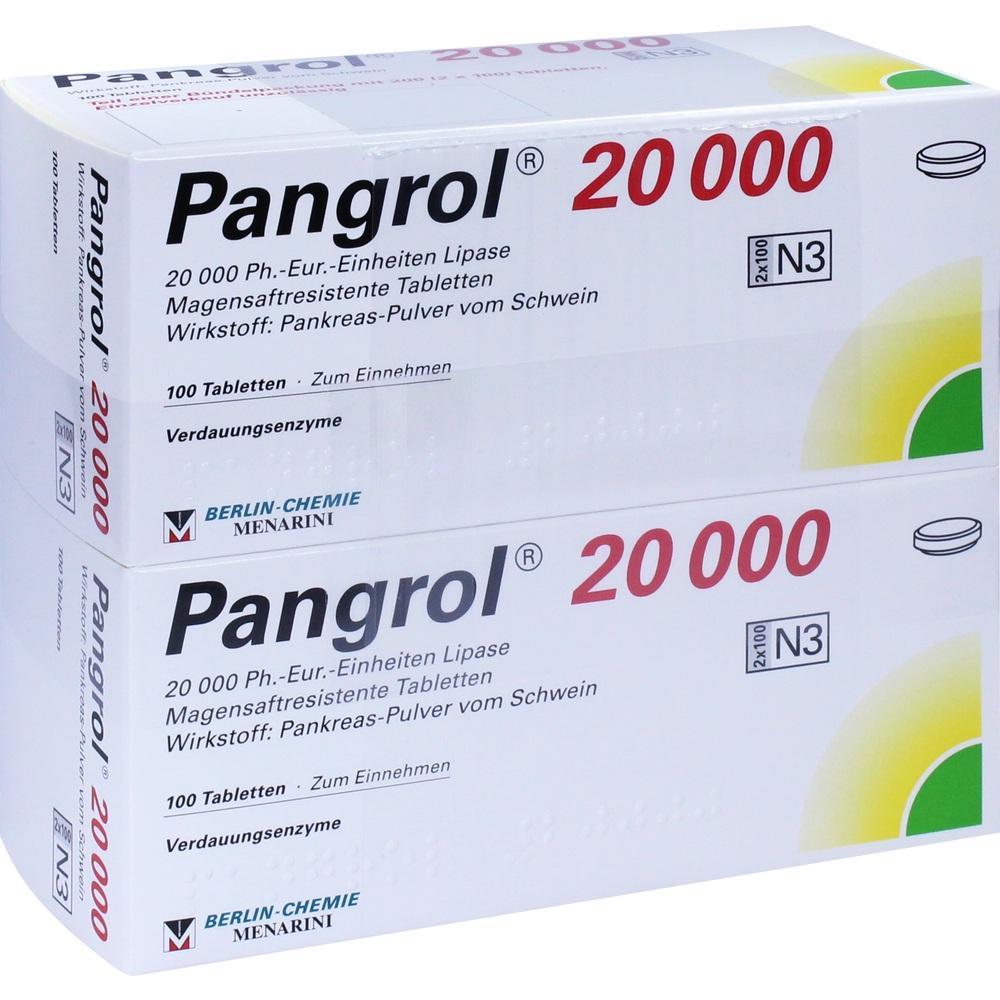 Zwei Packungen mit Pangrol 20.000 Tabletten von Berlin-Chemie zur Unterst&uuml;tzung der Verdauung.