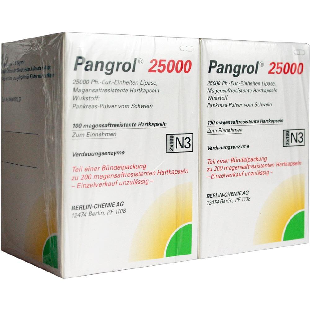 Zwei Packungen Pangrol 25000, ein Enzympr&auml;parat f&uuml;r die Verdauung.