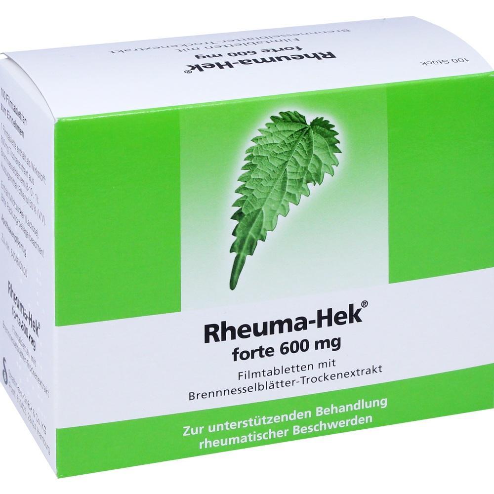 Eine grüne Verpackung mit Brennnesselblatt und Rheuma-Hek-Tabletten.