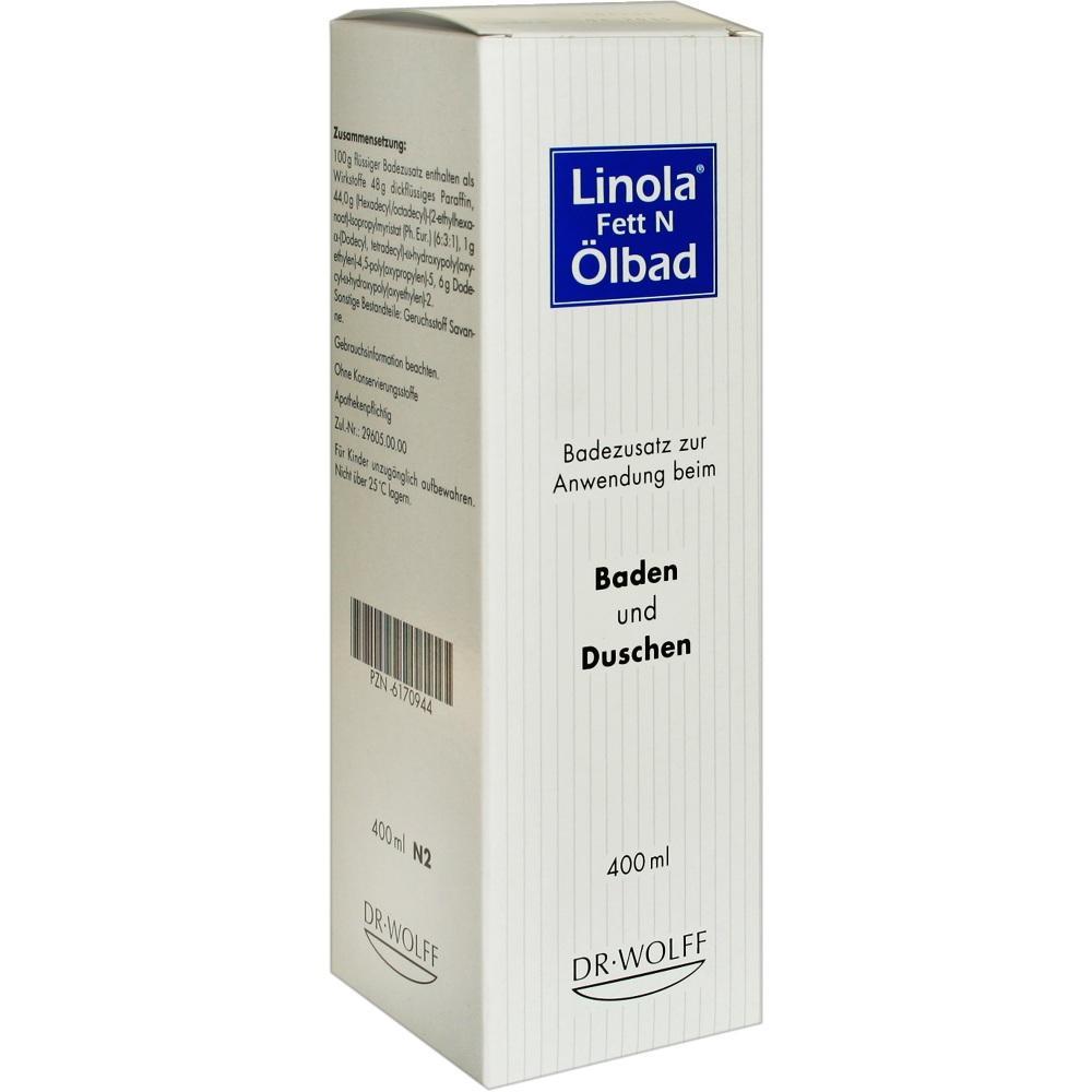 Weiße Verpackung von Linola Ölbad für Baden und Duschen, 400 ml.