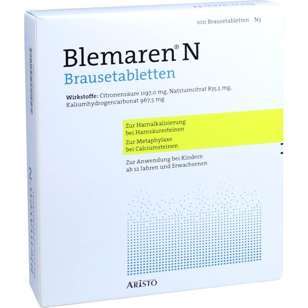Wei&szlig;e Verpackung von "Blemaren N" Brausetabletten zur Behandlung von Harnsteinen.