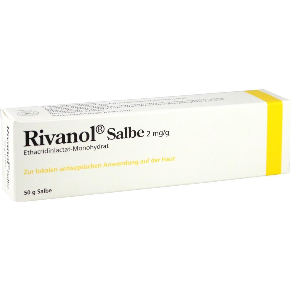 Eine wei&szlig;e Rivanol-Salbe-Schachtel mit gelben Akzenten.