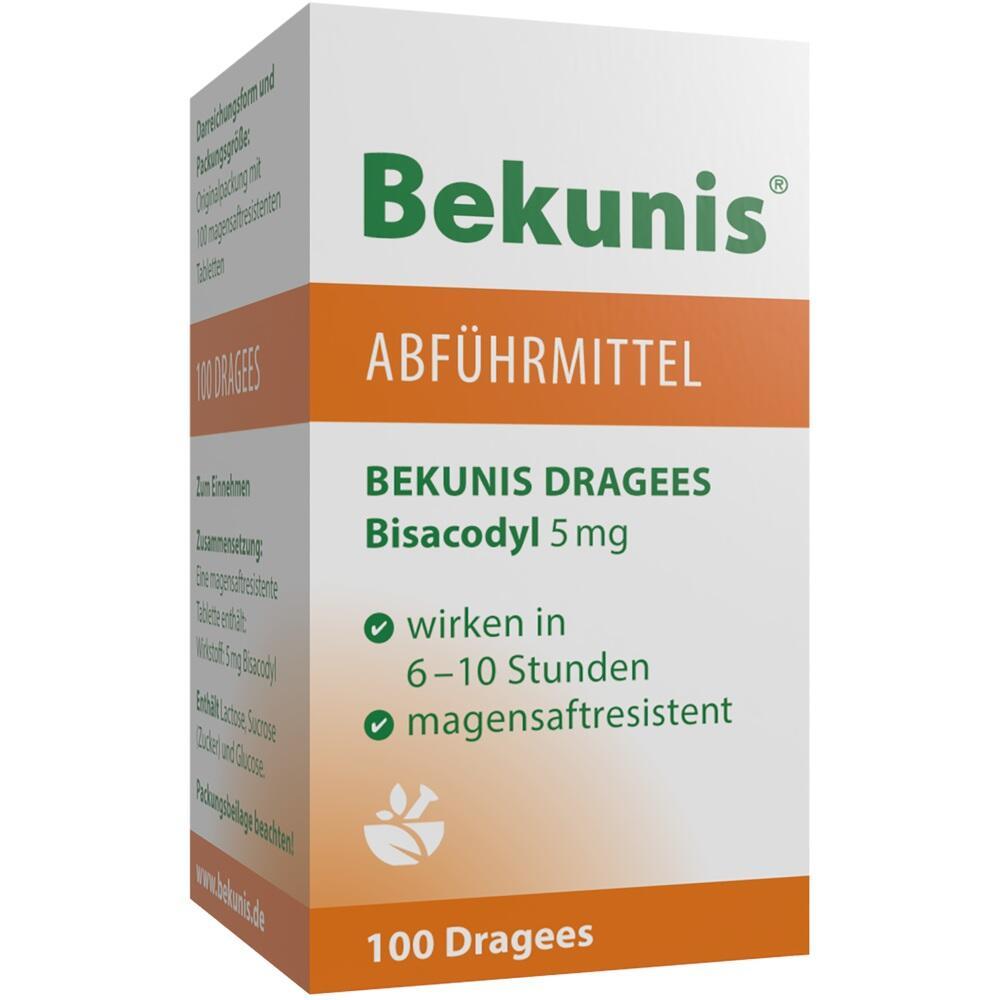 Packung eines Abführmittels mit 100 Dragees von Bekunis.