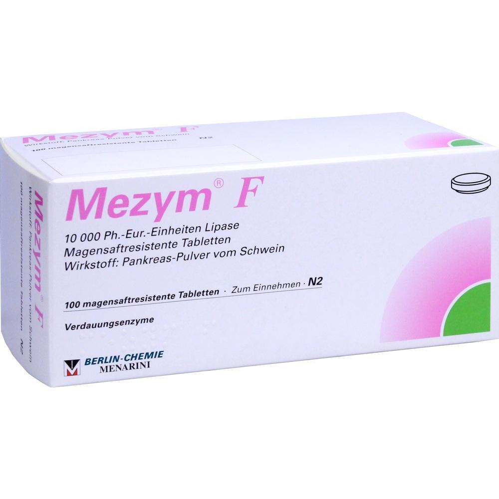 Eine Packung Mezym F Tabletten zur Unterst&uuml;tzung der Verdauung.