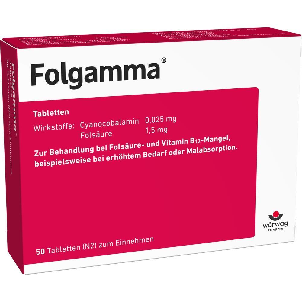Rote Verpackung von Folgamma-Tabletten zur Behandlung von Folsäure- und Vitamin-B12-Mangel.