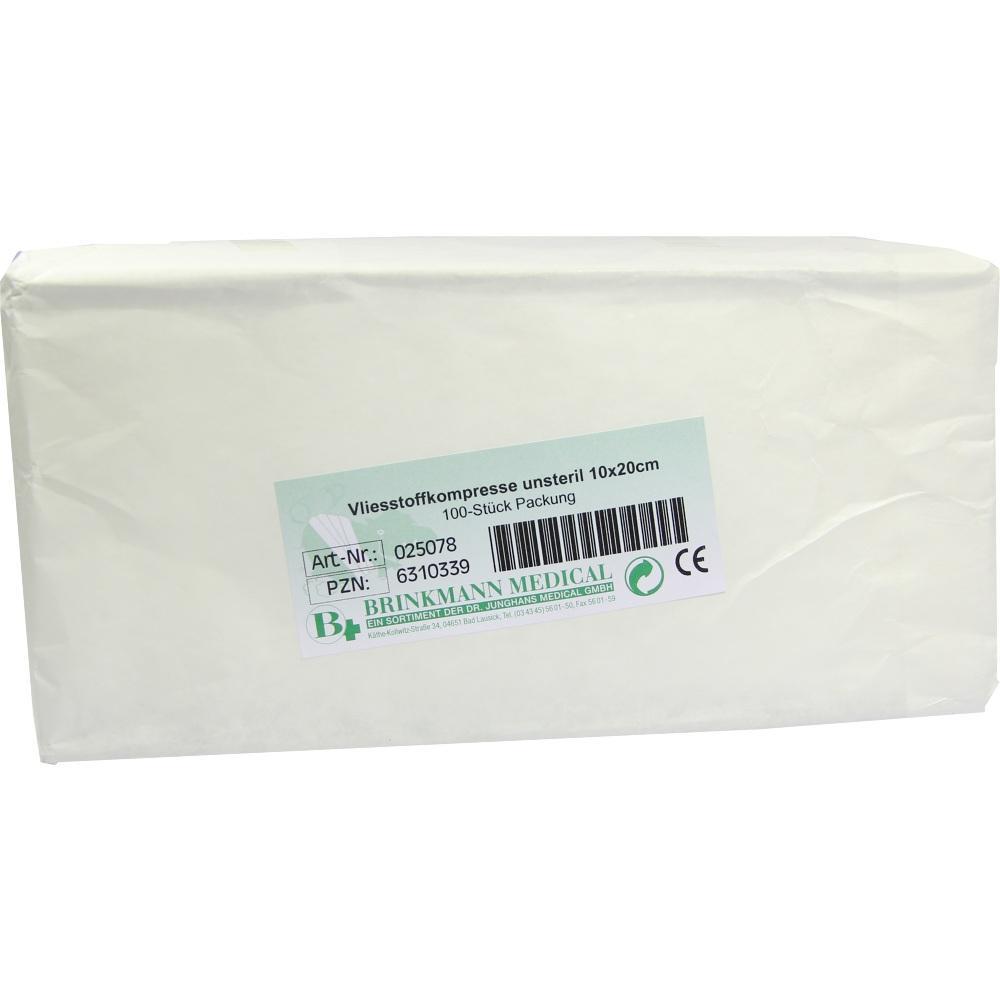 Weiße Packung mit unsterilen Vliesstoffkompressen, 10x20 cm, 100 Stück.