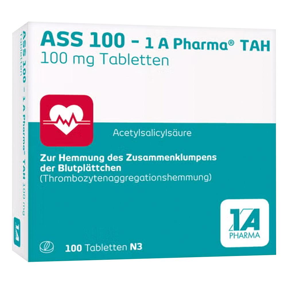 Eine Verpackung von ASS 100 Tabletten zur Hemmung von Blutplättchen ist abgebildet.