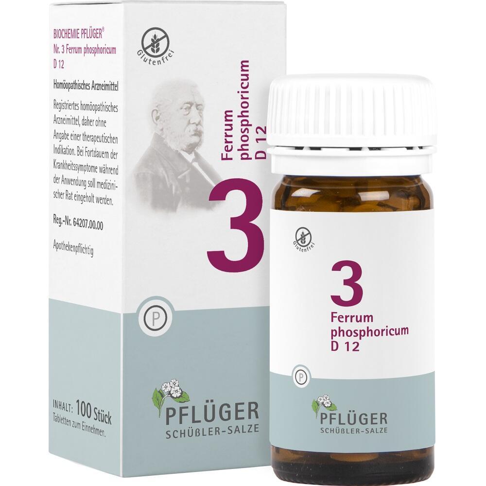 Glasflasche mit homöopathischen Tabletten und weißer Schachtel mit Aufschrift "Ferrum phosphoricum D 12".