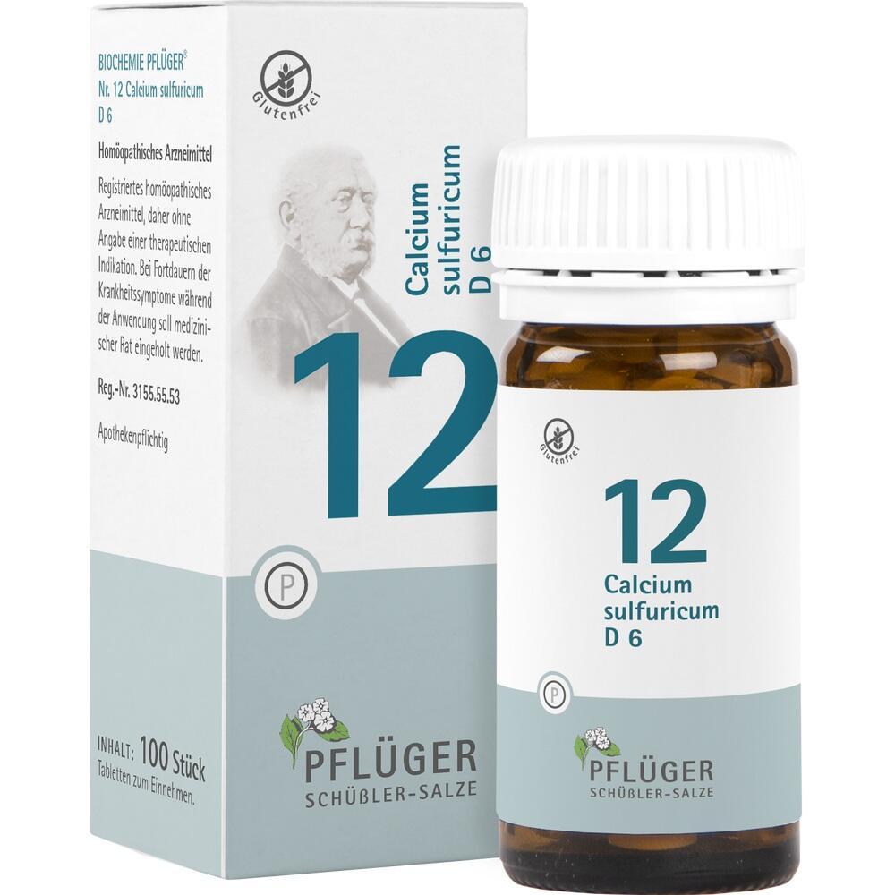 Packung und Flasche von Pflüger Schüßler-Salz Nr. 12 Calcium sulfuricum.