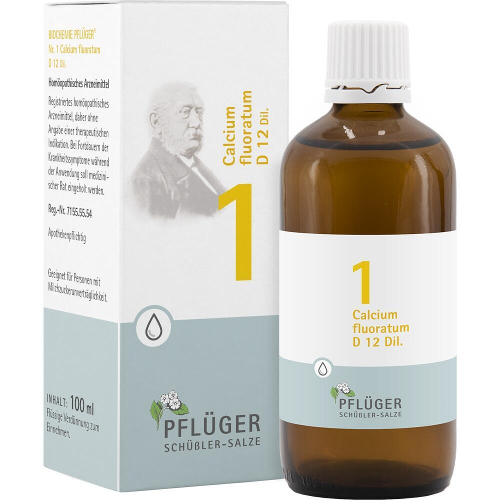 Flasche und Verpackung mit dem Aufdruck "Calcium fluoratum D 12" von Pflüger.