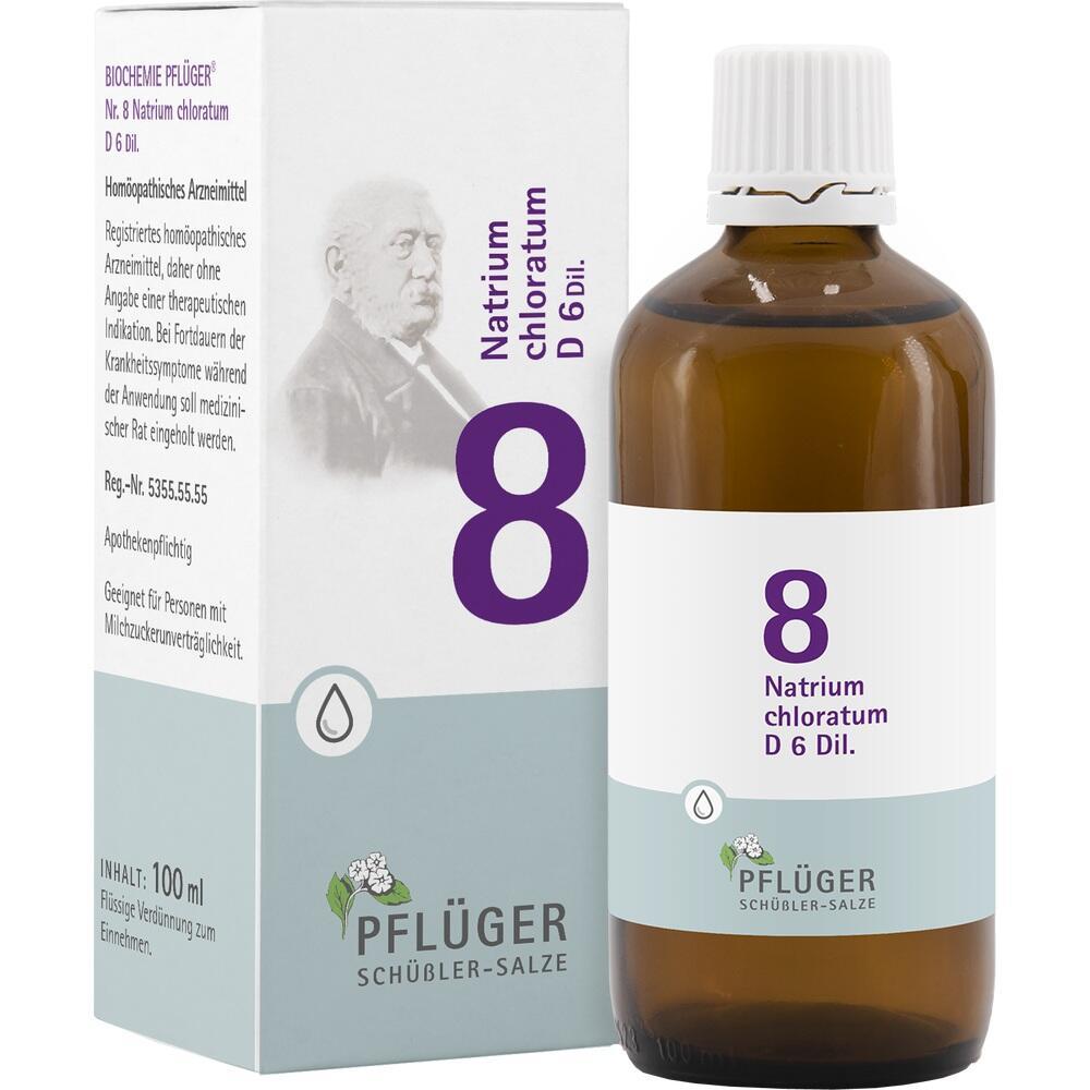 Braune Flasche und weiße Schachtel mit der Aufschrift "8 Natrium chloratum D 6 Dil."