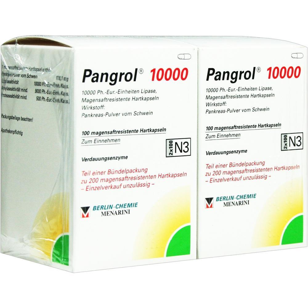Zwei Packungen Pangrol 10000 Kapseln zur Unterst&uuml;tzung der Verdauung.