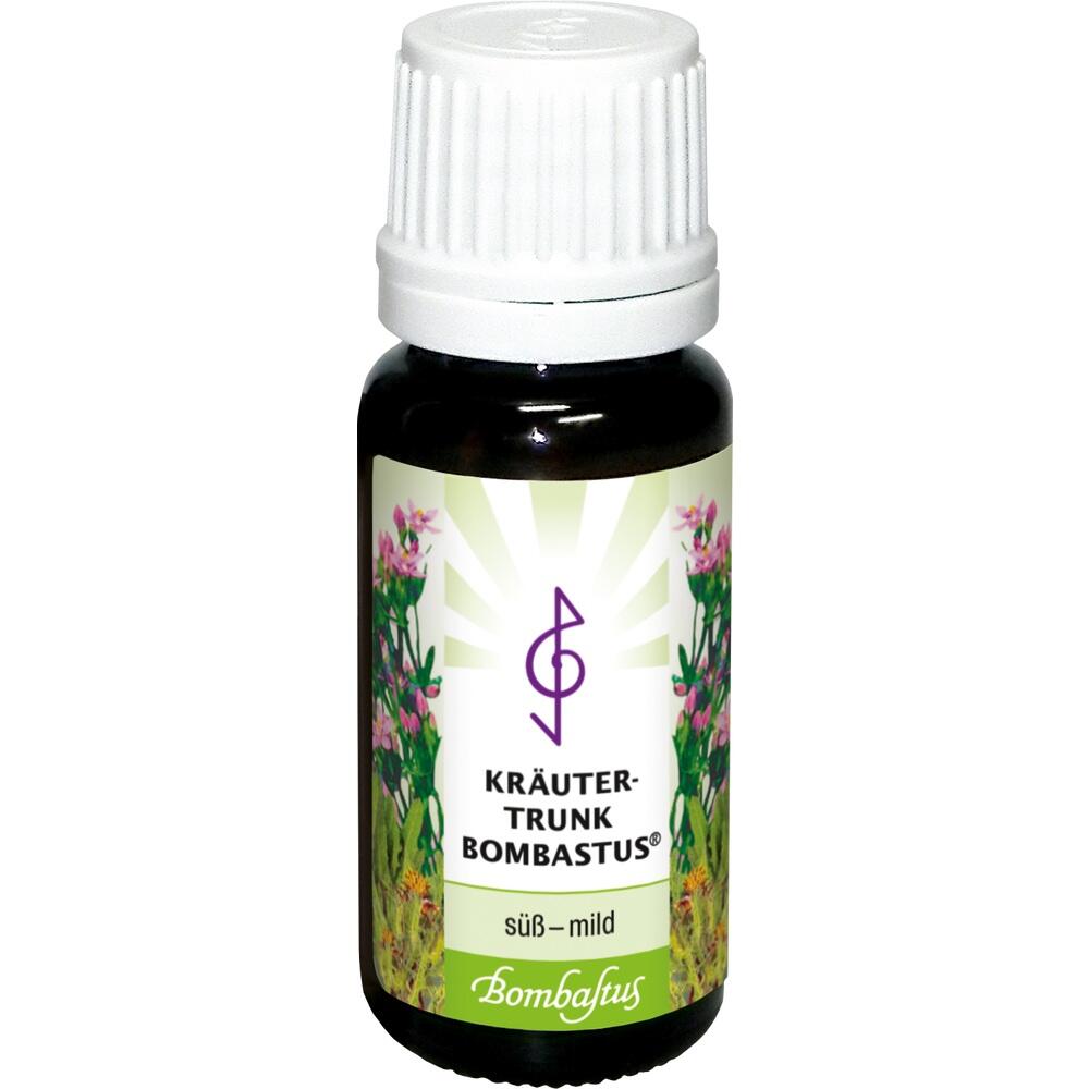 Braunes Fläschchen mit weißem Deckel, beschriftet mit "Kräuter-Trunk Bombastus".