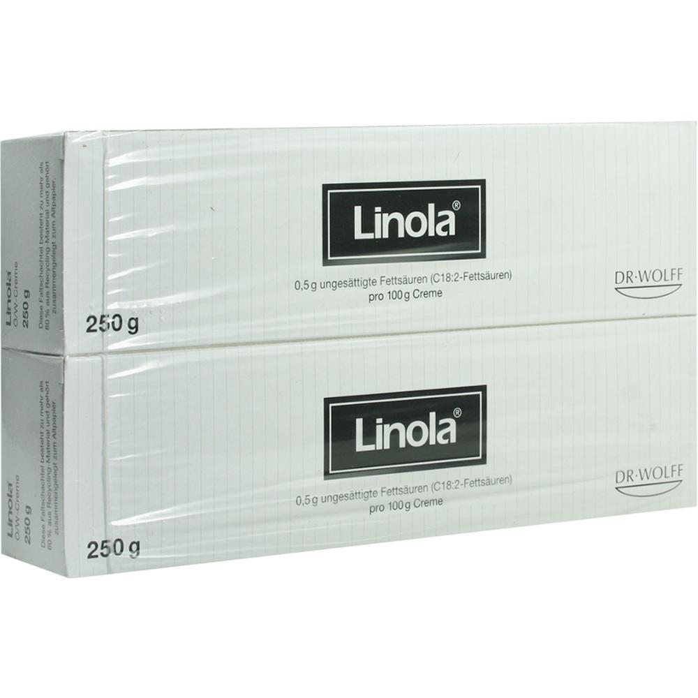 Zwei wei&szlig;e Kartons mit der Aufschrift "Linola" und "Dr. Wolff".