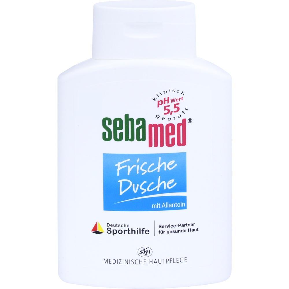 Eine weiße Flasche Sebamed-Duschgel mit blauer Aufschrift.