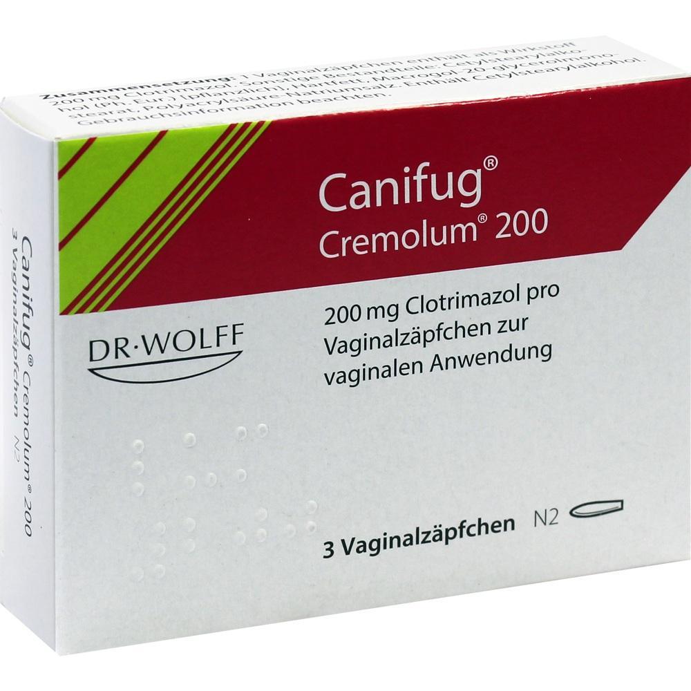 Eine Packung Canifug Cremolum 200 mg Vaginalzäpfchen zur Behandlung.