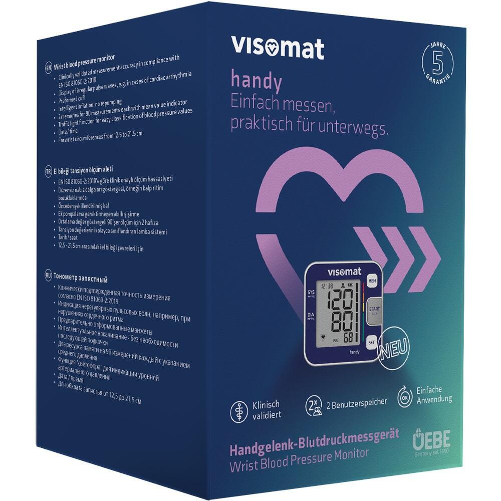 Verpackung eines Handgelenk-Blutdruckmessgeräts mit Herzsymbol und Gerätabbildung.