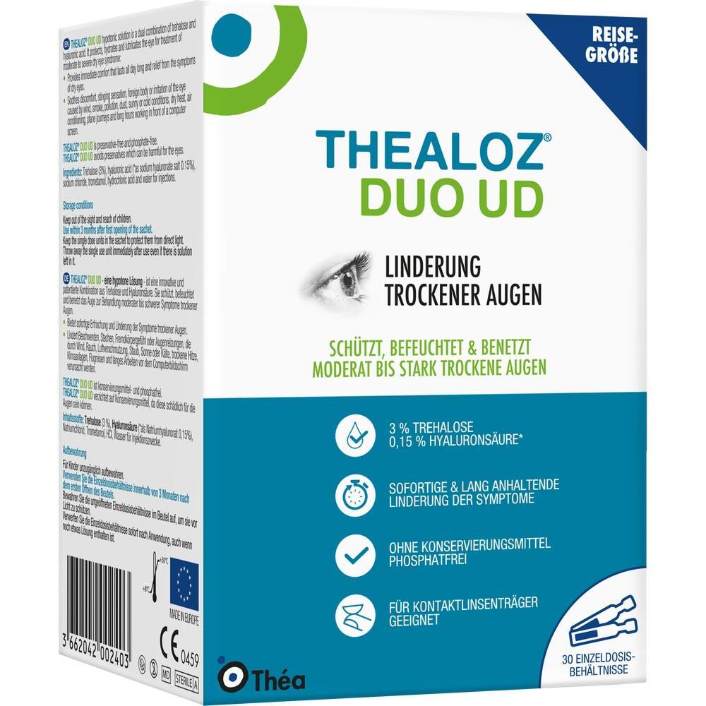 Verpackung von Augentropfen zur Linderung trockener Augen, geeignet für Kontaktlinsenträger.