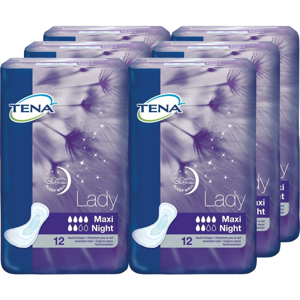 Sechs Packungen TENA Lady Maxi Night Damenbinden in lila Verpackung.