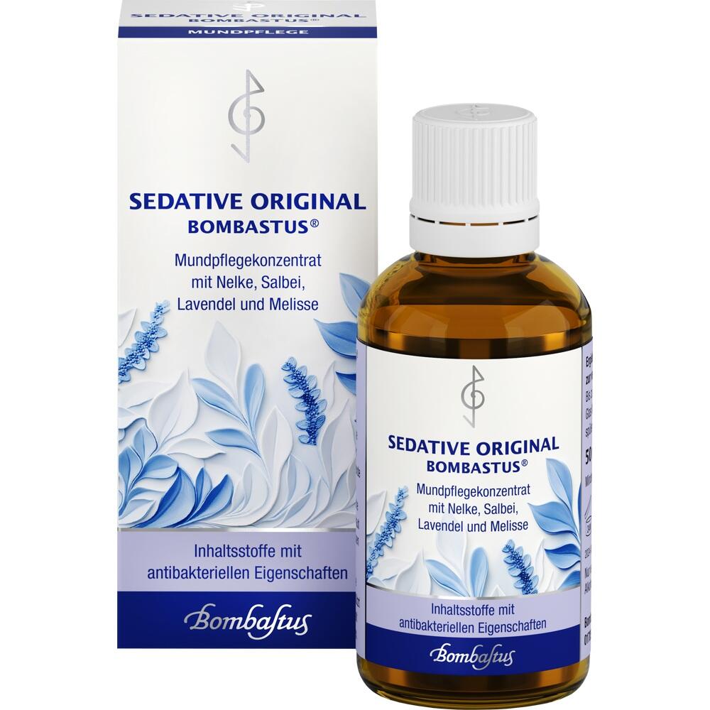 Braune Flasche und Verpackung mit rotem Etikett, Aufschrift "Sedative Original Bombastus".