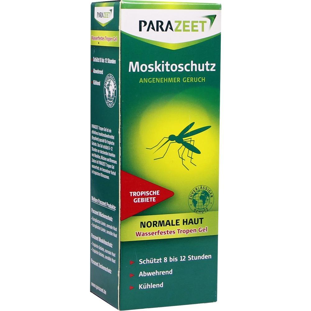 Grüne Verpackung eines Moskitoschutzmittels mit einem Mückenbild und Text.