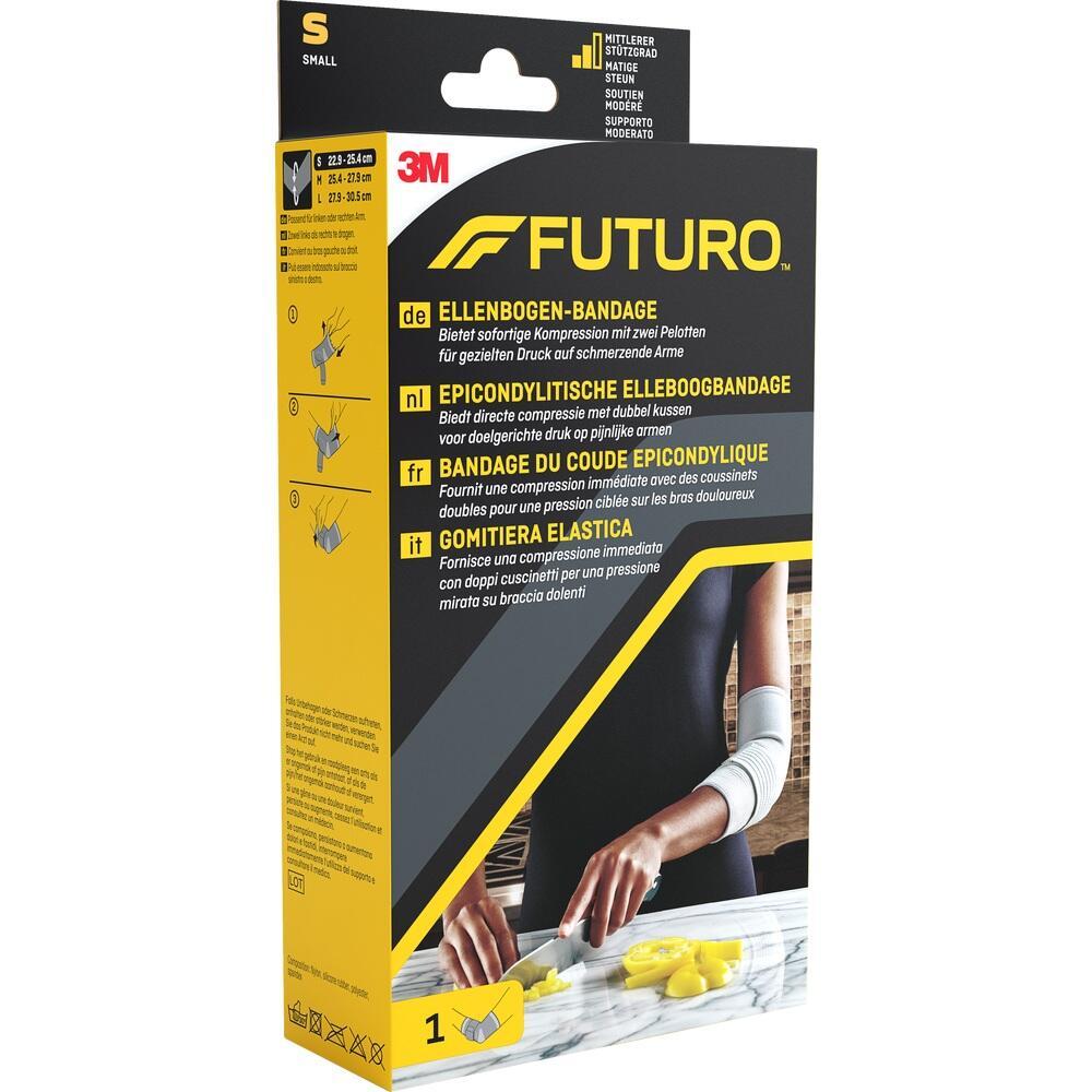 Gelbe Verpackung einer Ellenbogen-Bandage von 3M Futuro mit Bild und Text in mehreren Sprachen.