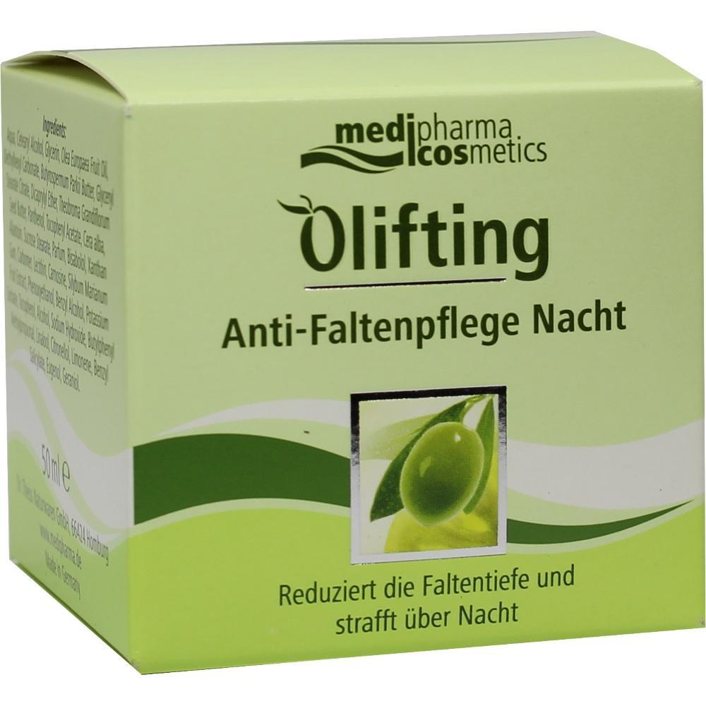 Gr&uuml;ne Schachtel einer Nachtcreme gegen Falten mit Olivenbild.