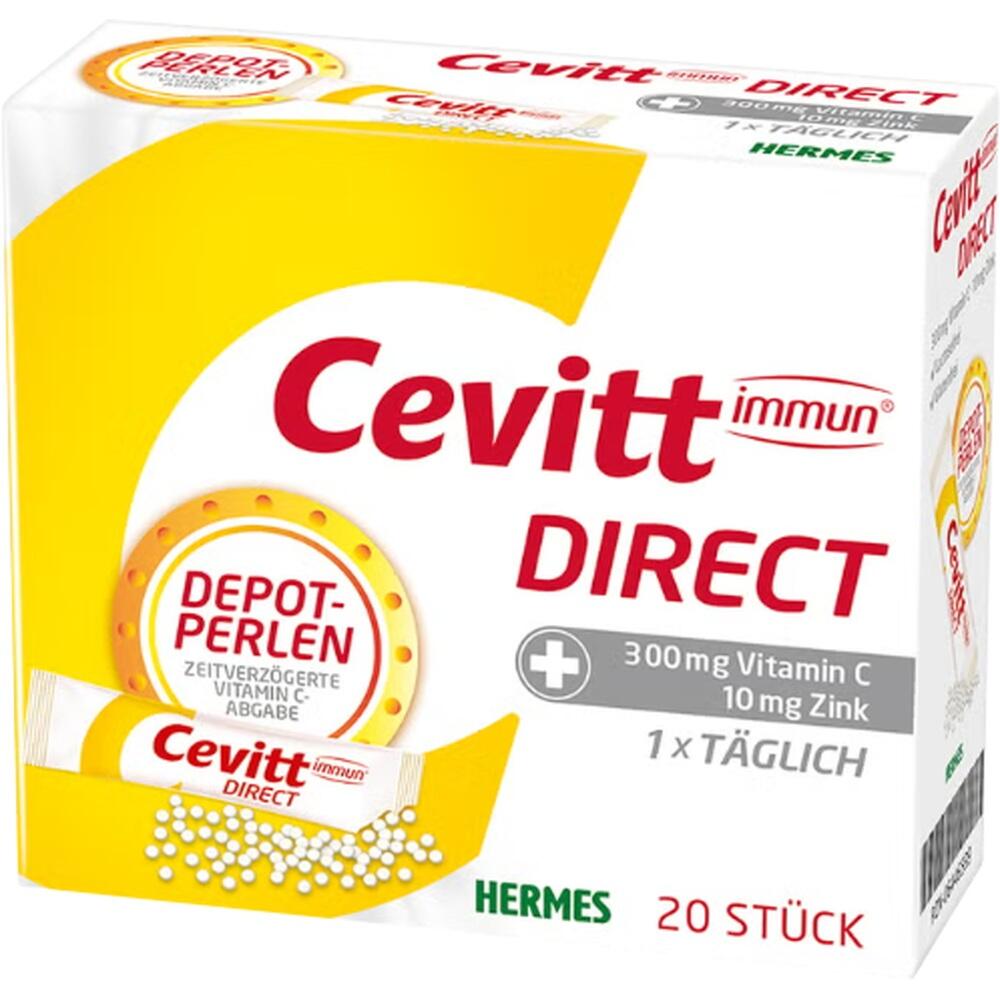 Packung mit Cevitt Direct Vitamin C- und Zink-Kügelchen zur täglichen Einnahme.