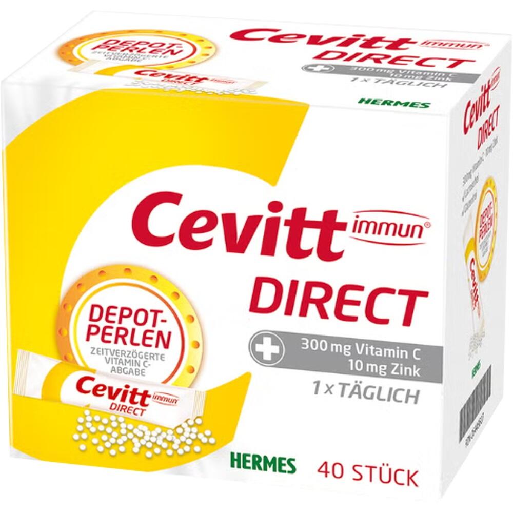 Eine Verpackung von Cevitt Direct, Vitamin C und Zink, dargestellt.