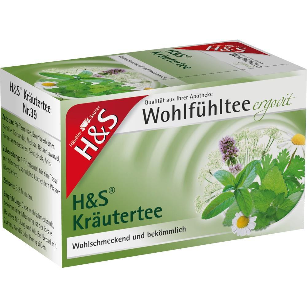 Eine Packung H&S Kr&auml;utertee mit gr&uuml;nen Bl&auml;ttern und Blumen darauf.