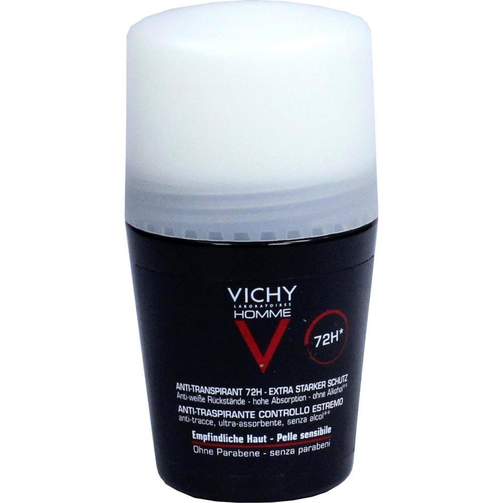 Schwarze Deoroller-Flasche mit weißem Deckel und der Aufschrift "Vichy Homme 72H".