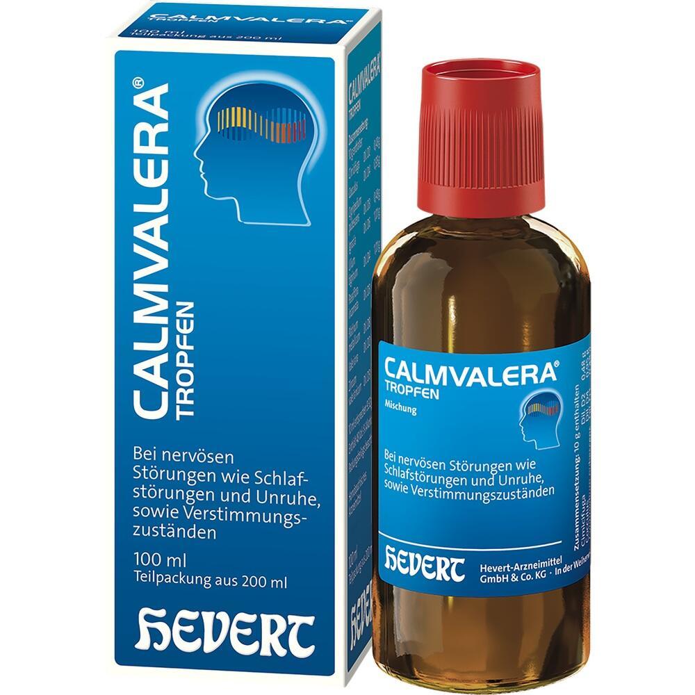 Blaue Verpackung und Flasche von Calmvalera-Tropfen gegen Unruhe und Schlafstörungen.