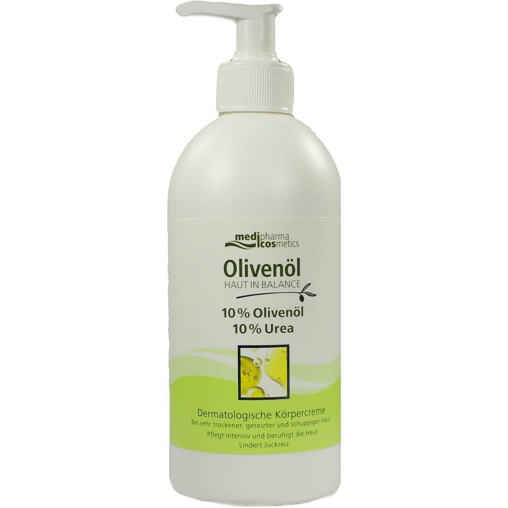 Wei&szlig;e Flasche mit Oliven&ouml;l-K&ouml;rpercreme und einem Pumpspender oben.