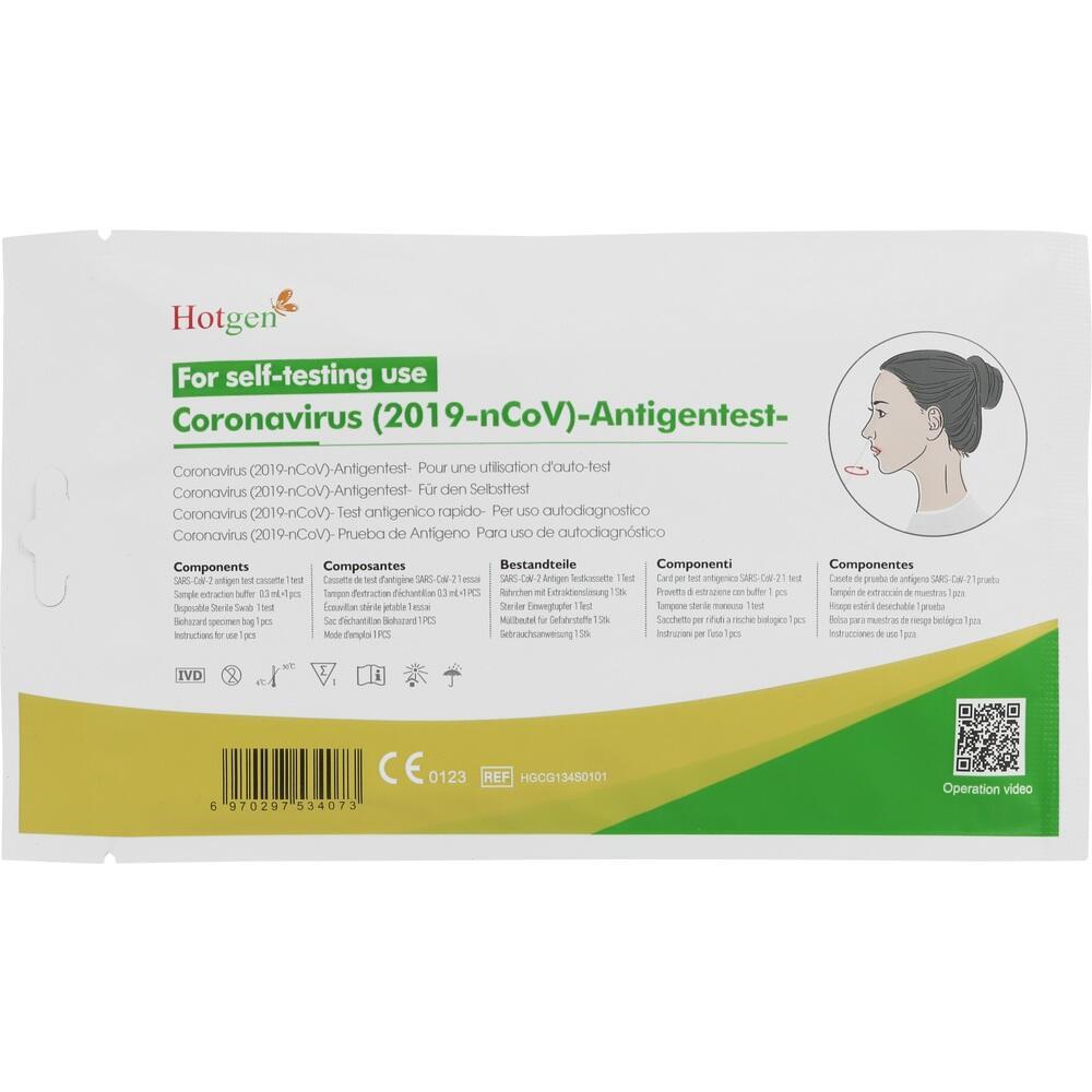 Packung eines Selbsttest-Kits f&uuml;r Coronavirus-Antigentest mit Anleitung und Illustration.