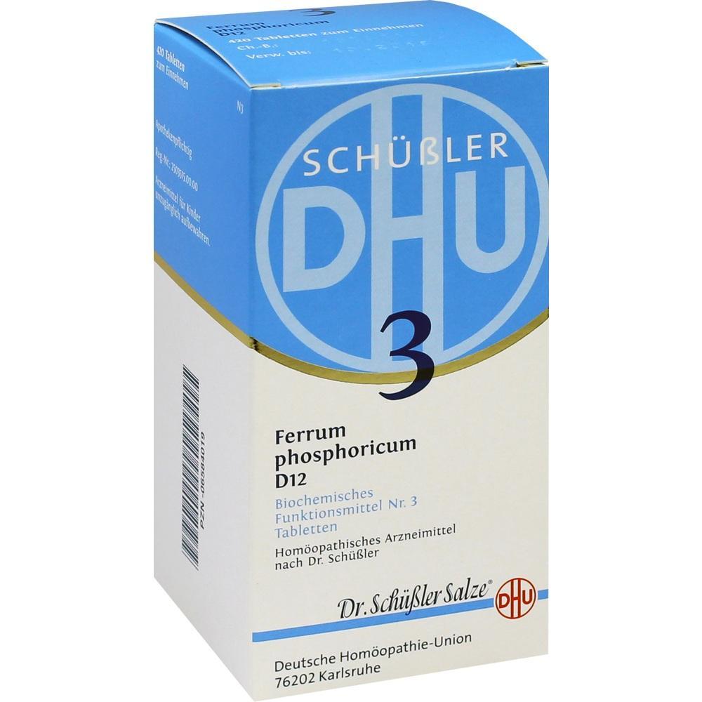 Schachtel mit homöopathischen Tabletten von Dr. Schüßler, Nr. 3 Ferrum phosphoricum D12.