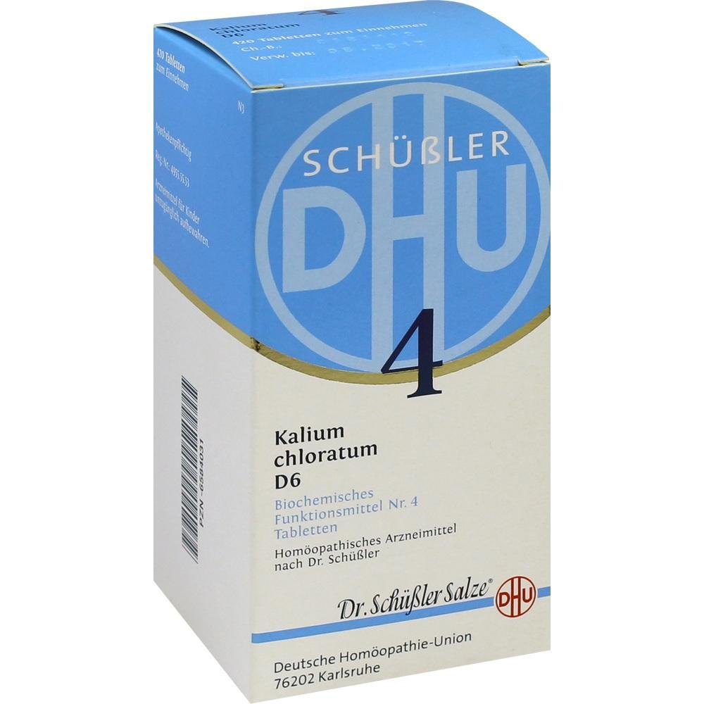 Verpackung von Schüßler-Salze Nr. 4, Kalium chloratum D6 Tabletten, in einer blauen und weißen Box.