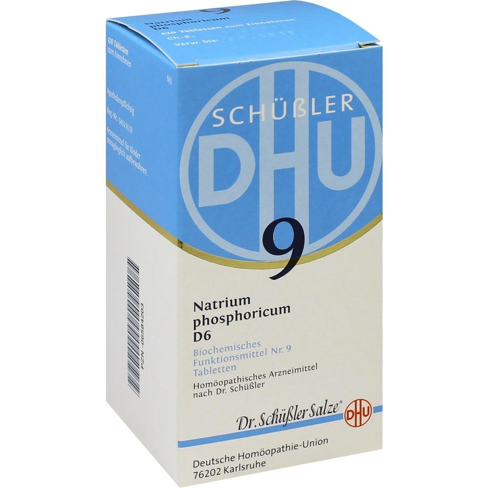 Eine Packung homöopathische Tabletten von Schüßler Salze Nr. 9, Natrium phosphoricum D6.