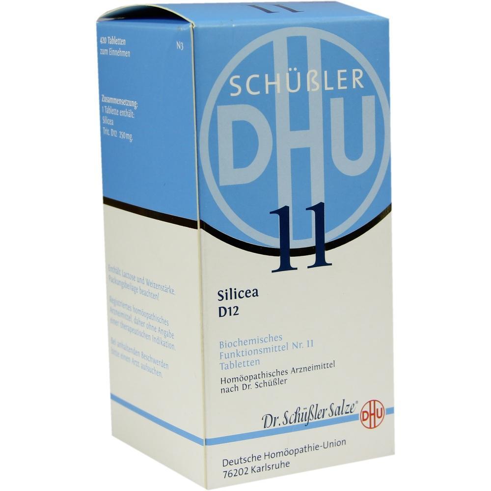 Eine blaue Schachtel mit der Aufschrift "Schüßler DHU 11 Silicea D12".