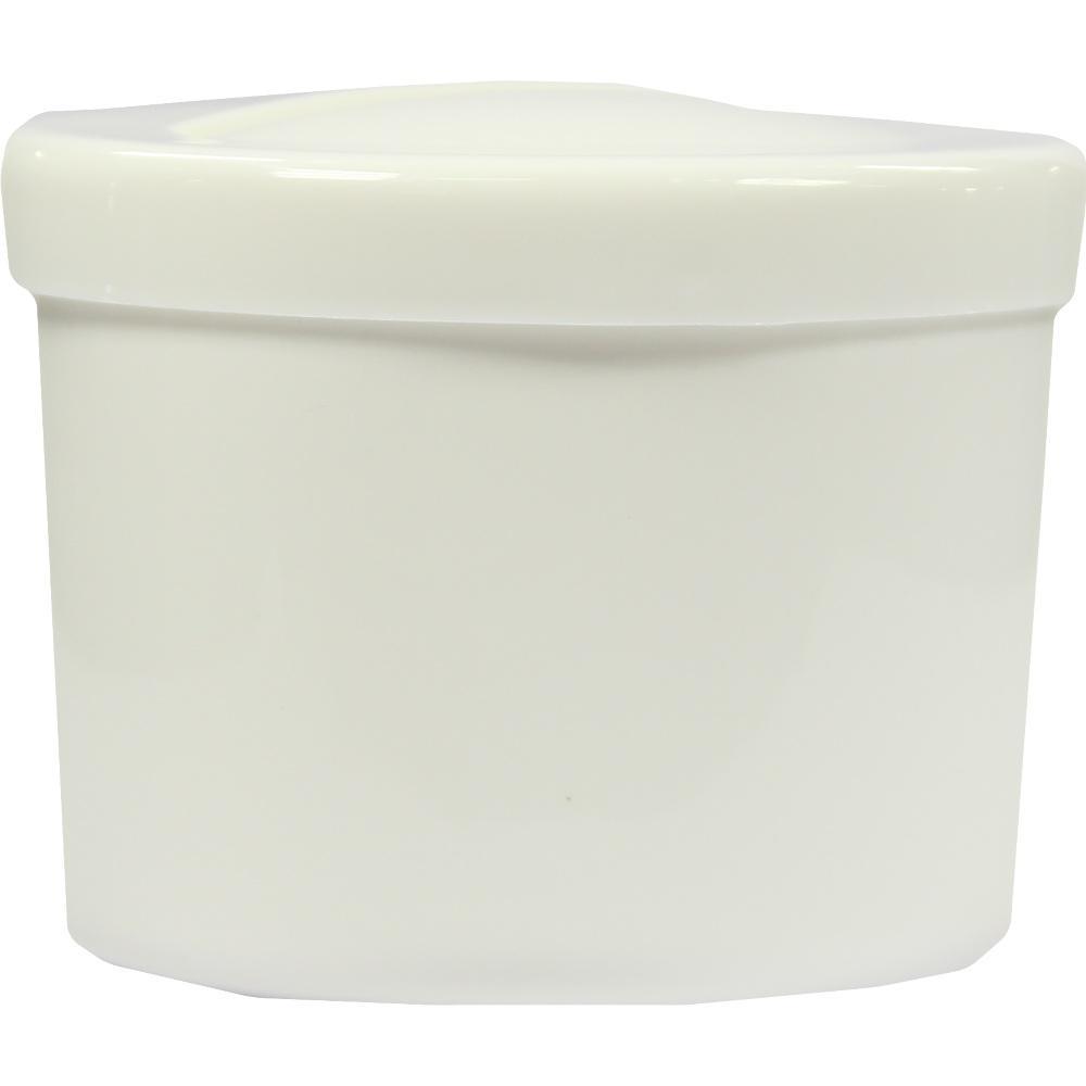 Ein weißer, runder Plastikbehälter mit Deckel.