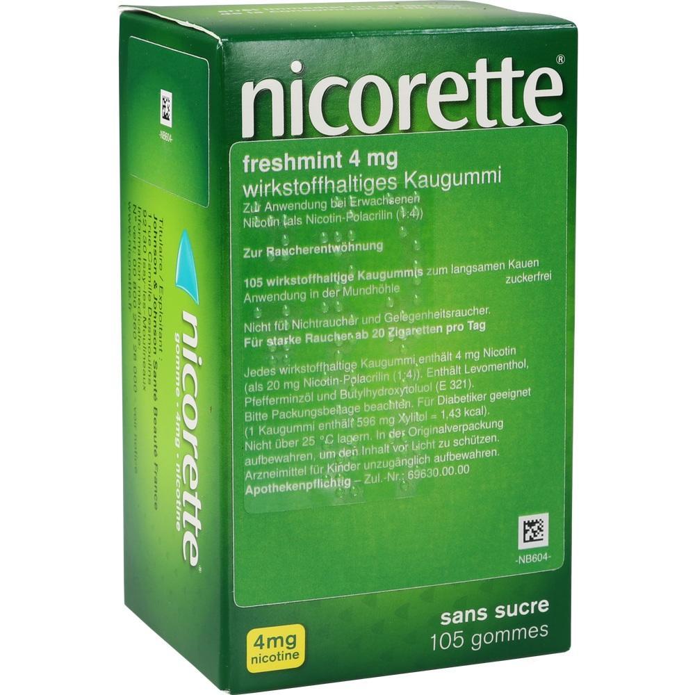 Grüne Packung Nicorette-Kaugummi zur Raucherentwöhnung mit 4 mg Nikotin.