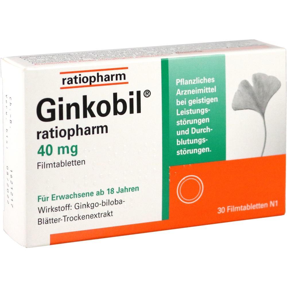 Verpackung von Ginkobil Tabletten, ein pflanzliches Mittel für Erwachsene bei Leistungsstörungen.