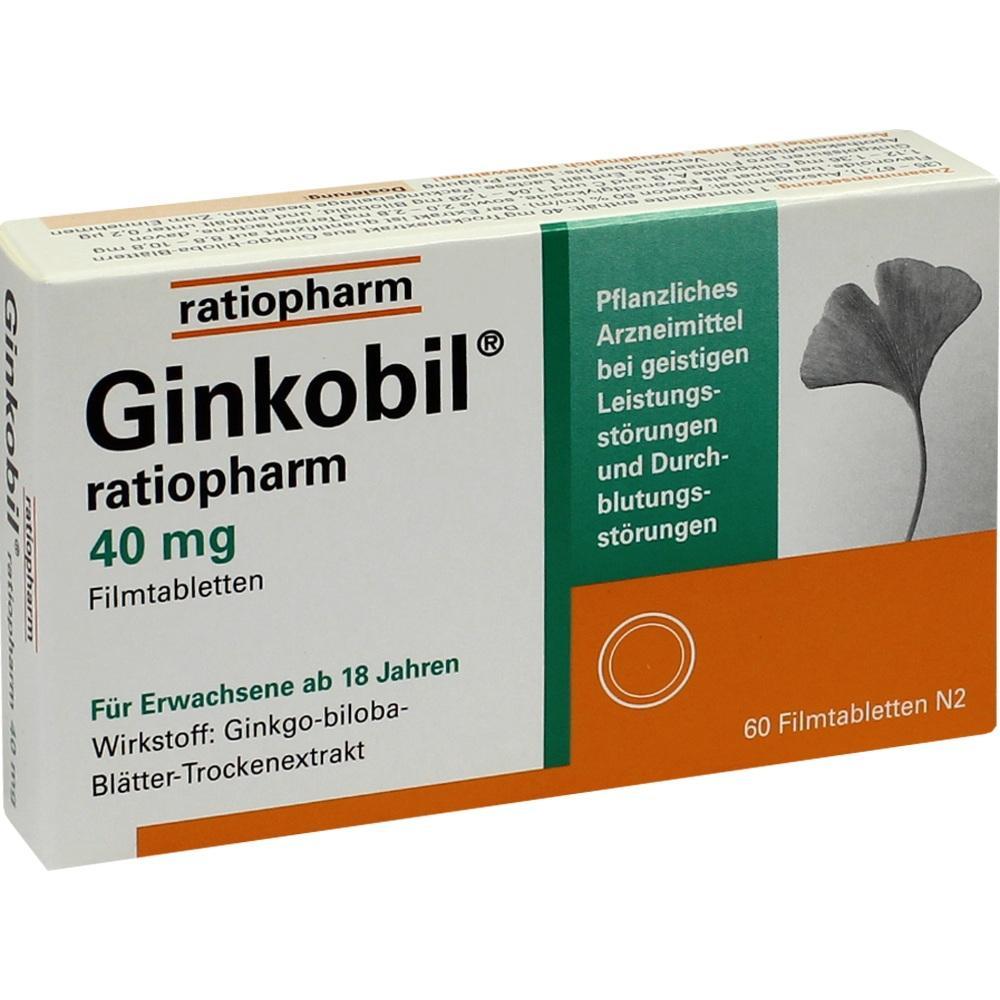 Eine Packung Ginkobil-Tabletten von Ratiopharm für geistige Leistungsstörungen.