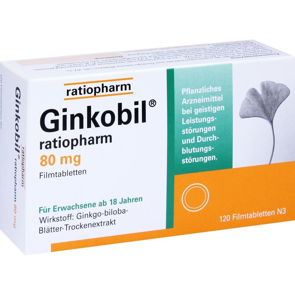 Schachtel mit Ginkobil-Tabletten zur Unterstützung bei geistigen und Durchblutungsstörungen.