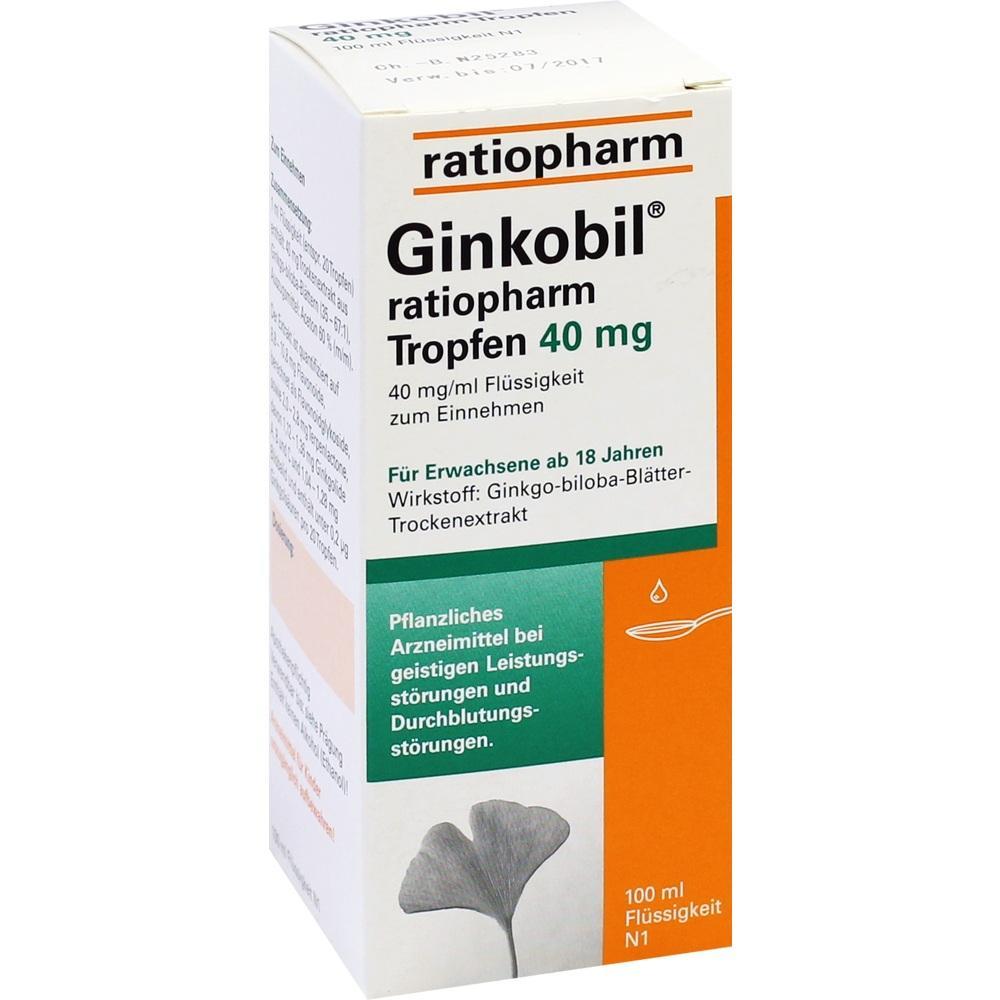 Packung von Ginkobil Tropfen, ein pflanzliches Arzneimittel für Erwachsene.