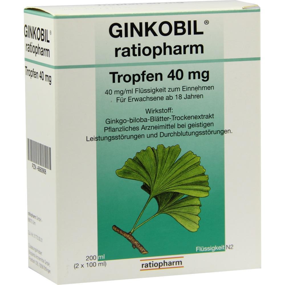 Verpackung einer Ginkobil-Flüssigkeit mit 40 mg Ginkgo-biloba-Extrakt zur Unterstützung der Durchblutung.