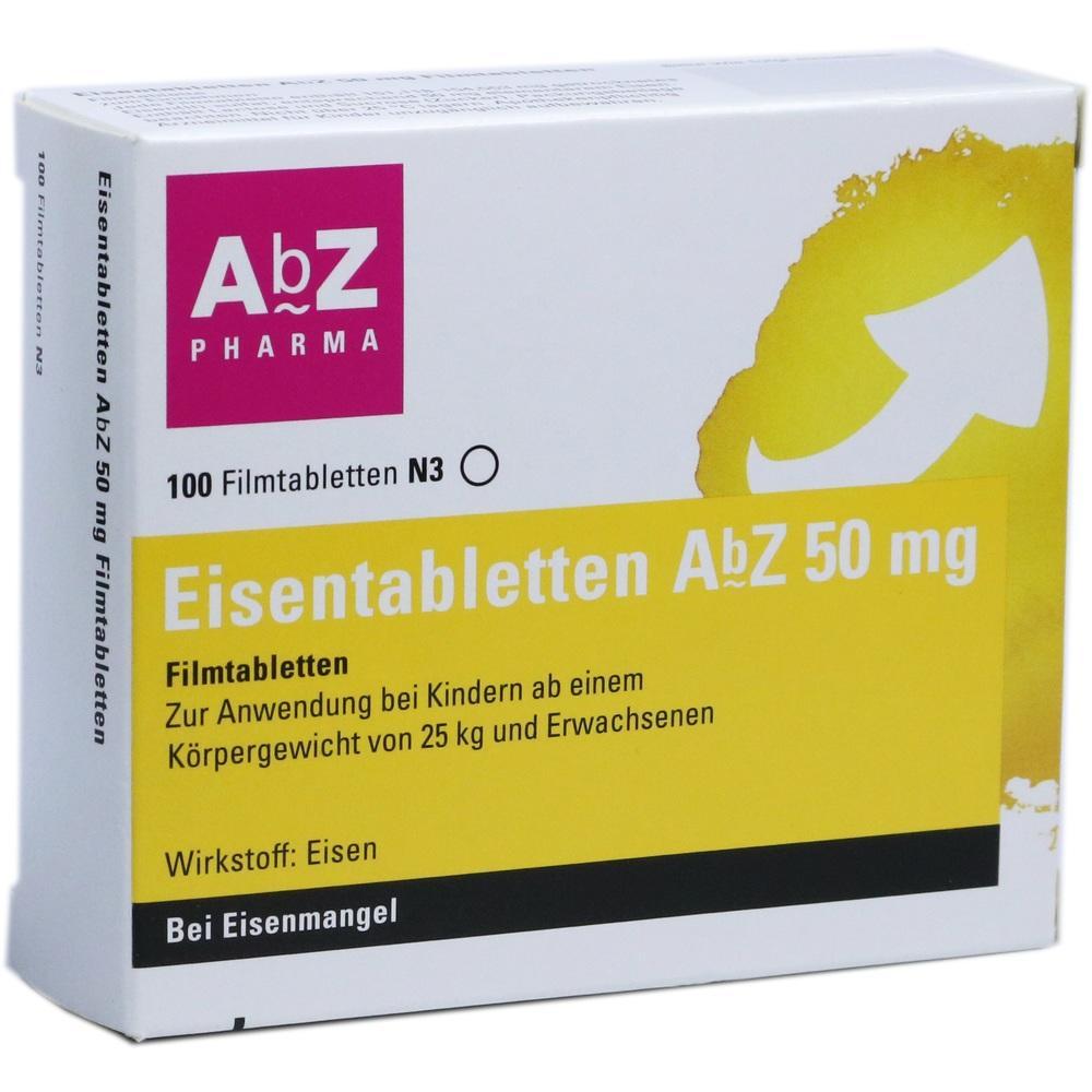 Verpackung von Eisentabletten AbZ 50 mg zur Behandlung von Eisenmangel.